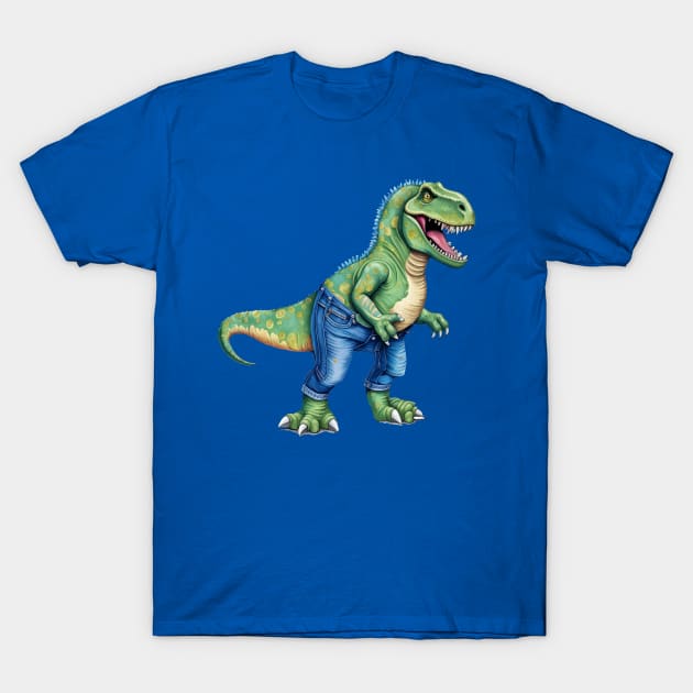 Dinosaur Wearing Denim Jeans T-Shirt by taiche